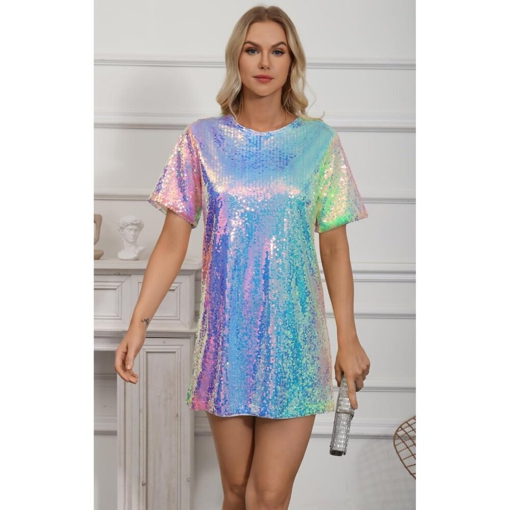 Women's Sequin Shift Dress Mini Crew Neck Sparkly V Neck Short Sleeve - Picture 4 of 6